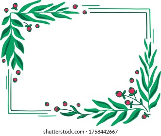 Marco cuadrado de doodle dibujado a mano con hojas verdes y bayas rojas.  Aislado sobre un fondo blanco. Ilustración vectorial gráfica para tarjetas, volantes, papel de embalaje y diseño profesional. 