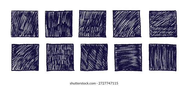 Handgezeichnetes Doodle-Quadrat-Set mit Grunge-Rahmen, perfekt für Einladungen, Karten und kreative Rechteck-Designs mit künstlerischem Holzkohle-Skizzenstil. Vintage Bg, Mosaiksammlung