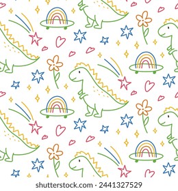 Hand drawn doodle squiggle outline seamless pattern in kids scribble style. Trendy hand-drawn sketch line vector background