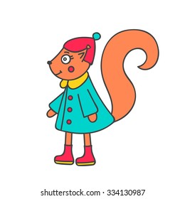 Hand drawn doodle squirrel in winter clothes. Cute color forest animal for kids design. Vector. Isolated.
