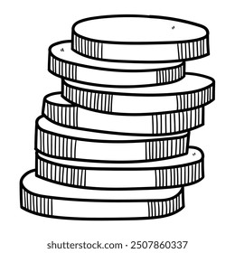 Doodle dibujado a mano de una pila de monedas aisladas sobre un fondo blanco. Ilustración vectorial.
