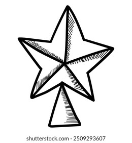 Estrela de doodle desenhada à mão na árvore de Natal isolada no fundo branco. Ilustração vetorial.