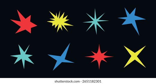 Hand drawn doodle star set. Geometric abstract shapes, color spark, quirky sparkle, twinkle, burst space, icons, childish scribble. Flat cosmic drawing collection. Trendy isolated vector illustration.