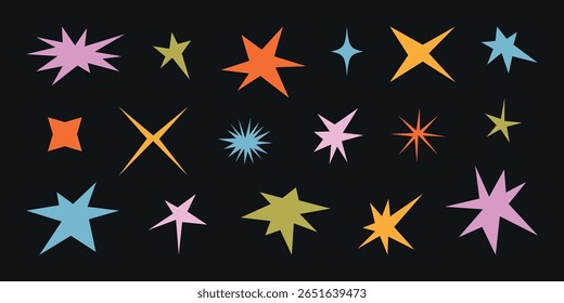Hand drawn doodle star set. Geometric abstract shapes, color spark, quirky sparkle, twinkle, burst space, icons, childish scribble. Flat cosmic drawing collection. Trendy isolated vector illustration.