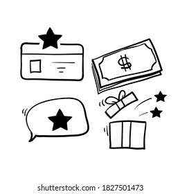 hand drawn doodle star symbol for Loyalty program line icons. Bonus card, Redeem gift and discount coupon signs. Lottery ticket, Earn reward and winner gift. isolated background