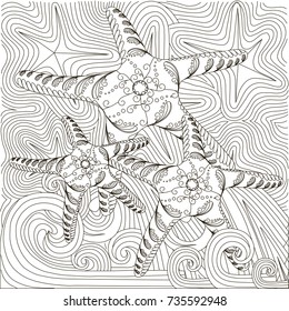 Hand drawn doodle starfish on waves, stock vector illustration