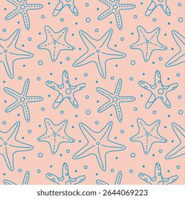 Hand drawn doodle starfish seamless pattern. Abstract vector background of ocean and sea animals. Summer illustration of marine life in line art.