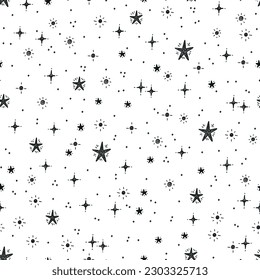 Hand Drawn Doodle Stars Black and White Background. Star Festive Seamless Pattern. Starry Sky Background. Festive Wallpaper. Great for Holiday and Birthday Party Design.