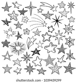 Hand drawn doodle stars and comets icons collection. Kids style skethes. Vector illustration