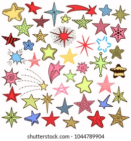 Hand drawn doodle stars and comets icons collection. Colorful kids style skethes. Vector illustration
