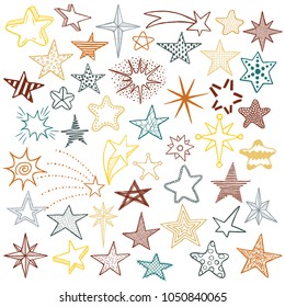 Hand drawn doodle stars and comets icons collection. Colorful kids style skethes. Vector illustration