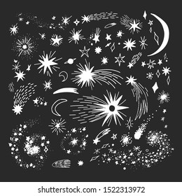 Hand drawn doodle stars constellations, star dust, meteorites, and comets vector collection