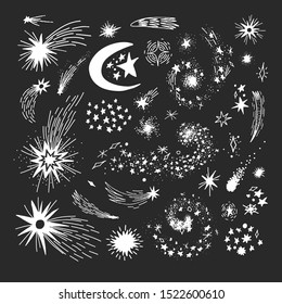 Hand Drawn Doodle Stars Constellations, Star Dust, Meteorites, And Comets Vector Collection