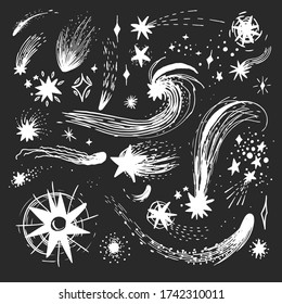 Hand Drawn Doodle Stars Constellations, Star Dust, Meteorites, And Comets Vector Collection