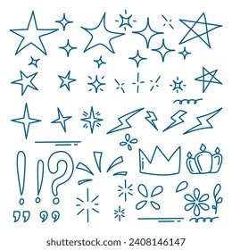Hand drawn doodle stars, crown, sparkles, crowns, stars, ribbons and other vector elements.