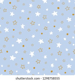 Hand drawn doodle stars on sky blue background vector seamless pattern. Cute baby print