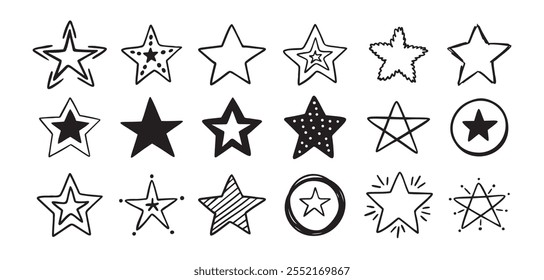 Hand drawn doodle stars set. different drawing stars isolated on white background. Vector illustration