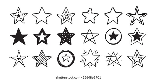 Hand drawn doodle stars set. different drawing stars isolated on white background. Vector illustration