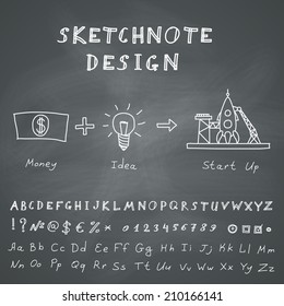 Hand Drawn Doodle Start Up Infographic. Vector skethnote design on chalkboard background