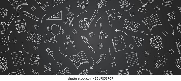 hand drawn doodle stationery design for back to school concept on seamless pattern on black background