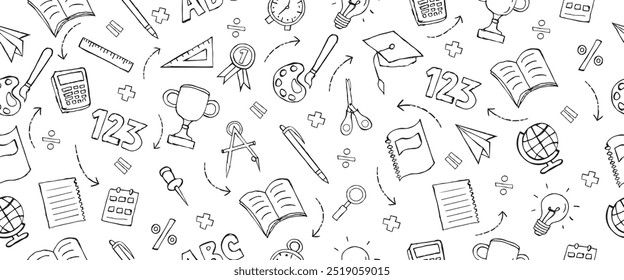 hand drawn doodle stationery design for back to school concept on seamless pattern isolated white background