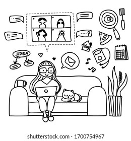 Hand drawn doodle stay at home, work from home concept.