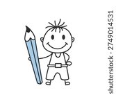 Hand drawn doodle of a stick figure boy holding a large blue pencil. Cute cartoon illustration for education, school, writing, creativity and kids design.