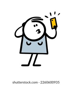 Hand drawn doodle stick figure beautiful young woman takes a selfie on her phone in an elegant pose. Vector illustration of narcissism of pretty silly girl.