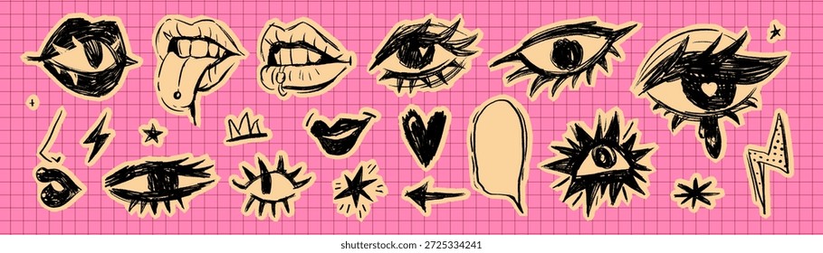 Dibujado a mano Doodle Pegatina Collage Elementos Set con ojos Labios Corazones y garabatos Formas en papel estilo retro