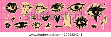 Hand Drawn Doodle Sticker Collage Elements Set with Eyes Lips Hearts and Scribble Shapes in Paper Retro Style
