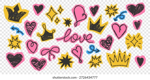 Hand drawn doodle sticker set. Colorful sketch collage elements. Playful fun vector collection. Cute girly love icons collection. Crown heart bow sparkle shapes. chalk crayon pencil texture