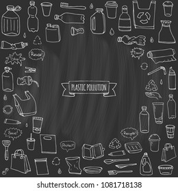 Hand drawn doodle Stop plastic pollution icons set Vector illustration sketchy symbols collection Cartoon concept elements Bag Bottle Recycle sign Package Disposal waste Contamination disposable dish