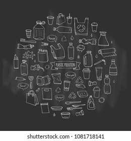 Hand drawn doodle Stop plastic pollution icons set Vector illustration sketchy symbols collection Cartoon concept elements Bag Bottle Recycle sign Package Disposal waste Contamination disposable dish