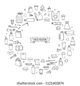 Hand drawn doodle Stop plastic pollution icons set Vector illustration sketchy symbols collection Cartoon concept elements Bag Bottle Recycle sign Package Disposal waste Contamination disposable dish