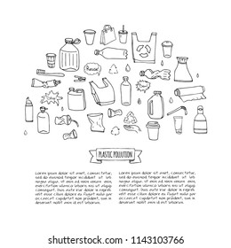 Doodle dibujado a mano Detener los iconos de la contaminación de plástico conjunto Ilustración vectorial símbolos esquemáticos colección Elementos de concepto de caricatura Botella Reciclaje Signo de reciclaje Paquete Desecho Desecho Contaminación Plato desechable