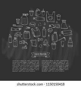 Hand drawn doodle Stop plastic pollution icons set Vector illustration sketchy symbols collection Cartoon concept elements Bag Bottle Recycle sign Package Disposal waste Contamination disposable dish