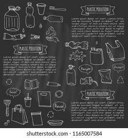 Hand drawn doodle Stop plastic pollution icons set Vector illustration sketchy symbols collection Cartoon concept elements Bag Bottle Recycle sign Package Disposal waste Contamination disposable dish