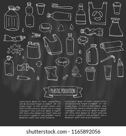 Hand drawn doodle Stop plastic pollution icons set Vector illustration sketchy symbols collection Cartoon concept elements Bag Bottle Recycle sign Package Disposal waste Contamination disposable dish