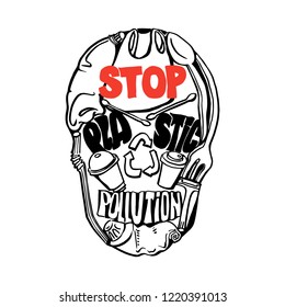 Hand drawn doodle Stop plastic pollution illustration, logo. Skull, recycle sign and plastic objects with lettering. Disposal waste concept