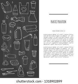 Hand drawn doodle Stop plastic pollution icons set Vector illustration sketchy symbols collection Cartoon concept elements Bag Bottle Recycle sign Package Disposal waste Contamination disposable dish