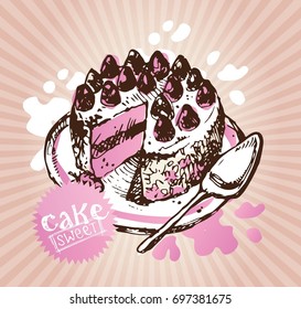 Hand drawn doodle strawberry cake. Cheese cake