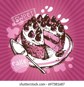Hand drawn doodle strawberry cake. Cheese cake