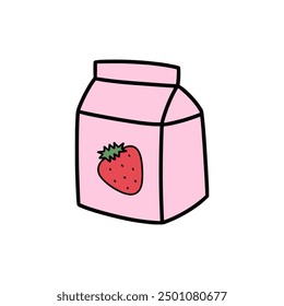 Hand Drawn Doodle Strawberry Milk Carton Illustration. Beverage Sticker Clip Art Icon on White Background Vector EPS 10