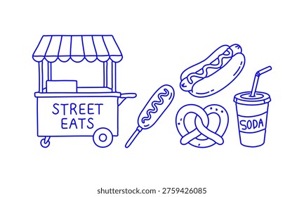 Hand Drawn Doodle Street Eats Food Cart Icons Set with Hot Dog Corn Dog Pretzel and Soda Sketch Style Vendor Collection