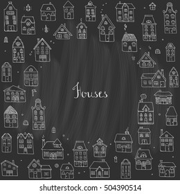 Hand drawn doodle street homes icons set. Vector illustration. Cottage symbol collection. Cartoon village buildings various sketch architectural elements: residential houses, housing, property