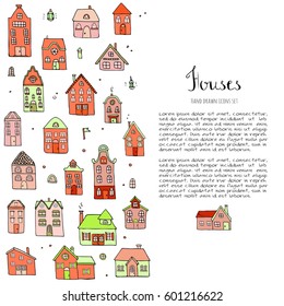 Hand drawn doodle street homes icons set. Vector illustration. Cottage symbol collection. Cartoon village buildings various sketch architectural elements: residential houses, housing, property