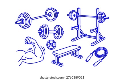 Hand Drawn Doodle Strength Training Icons Set with Barbell Dumbbell Bench Press Rack and Muscle Arm Sketch Style Gym Collection