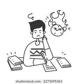 hand drawn doodle student learning hard for exam or work illustration