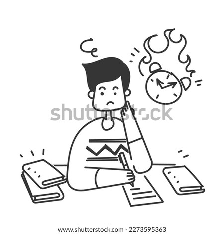 hand drawn doodle student learning hard for exam or work illustration