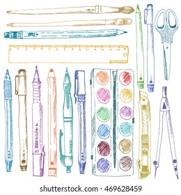 Hand drawn doodle student supplies. Colorful ink sketch of pen, pencil, ruler, paints, brush, cutter, circinus.